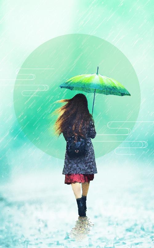 彩色手绘风景少女背影身影下雨背景素材