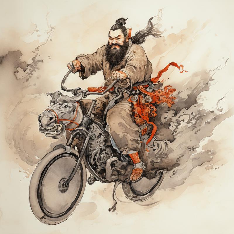 骑着摩托车的古代人物图!#ai绘画