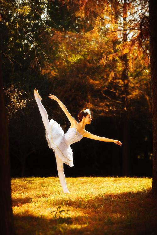 一位身着白色芭蕾舞裙的女孩,在树林里翩翩起舞,像一位森林仙子,轻盈