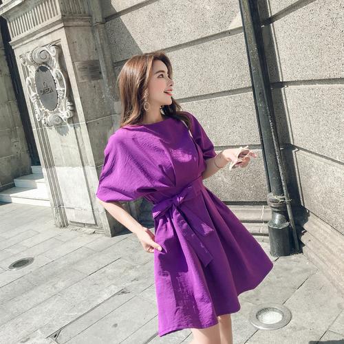 pq56428# 夏季新款韩版冷淡风紫色连衣裙女复古收腰通勤显瘦气质中