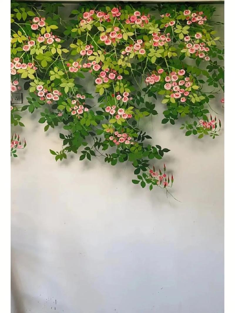手绘绿植物花墙壁画.手绘绿植物|蔷薇花墙绘 绿植物花草蔷薇花 - 抖音