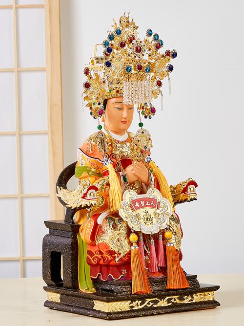 圣母妈祖雕像湄洲天上娘娘木雕神像天后凤冠装饰摆件