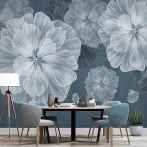 北欧手绘抽象艺术白色花朵花卉壁纸客厅电视背景墙纸无缝定制壁画