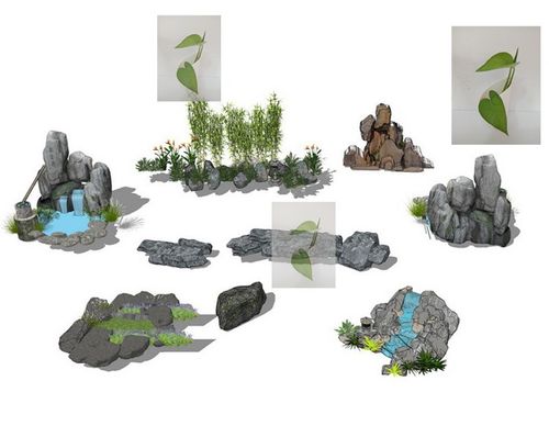 园林景观构件假山流水叠石石头跌水叠水岩石小品草图大师su模型