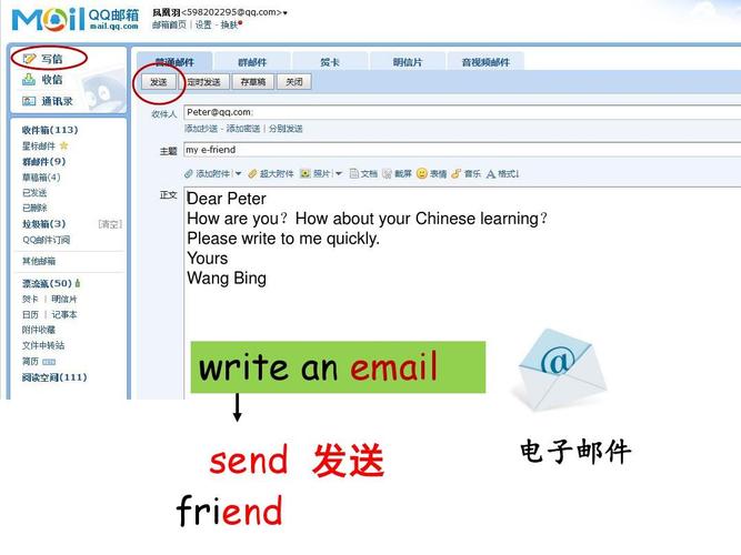 write an email send 发送 friend 电子邮件