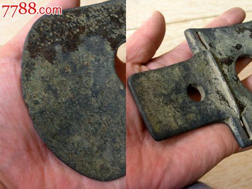 冷兵器收藏140801-高古传世包浆带柄青铜斧钺黑漆古