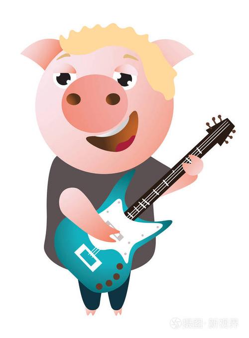 一个有趣的小猪唱歌和演奏低音吉他
