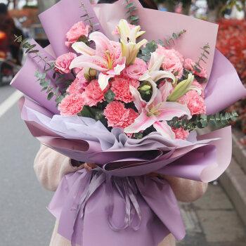 【主推款】19朵粉色康乃馨花束 2支粉百合花束 不含花瓶