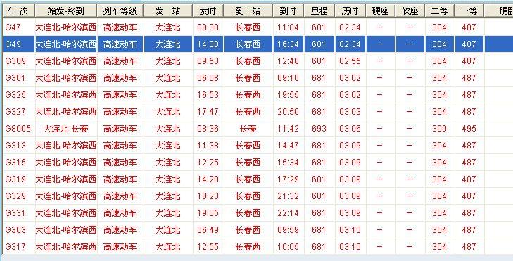 沈阳北站到长春火车时刻表