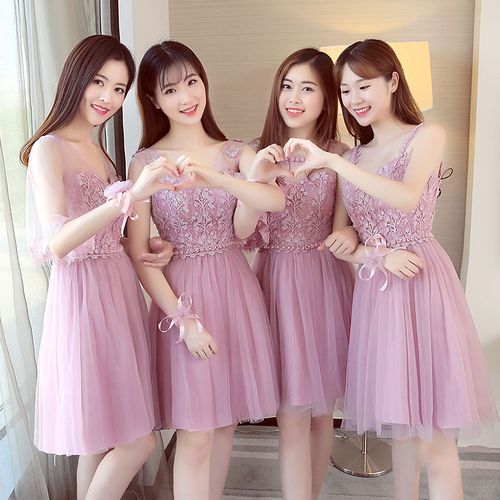 伴娘服短款粉色2018新款韩版姐妹团显瘦修身晚礼服伴娘团礼服结婚