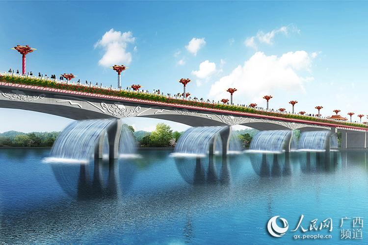 广西容县绣江大桥将现七彩瀑布景观