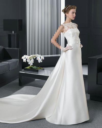 婚纱新款2015一字肩蕾丝可拆拖尾婚纱鱼尾修身白色缎面婚纱礼服